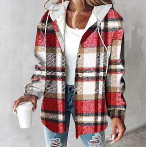 Red and white plaid hooded shirt jacket worn open, front view with drawstrings and curved shirttail hem