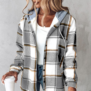 Gray plaid oversized shacket with a grey hood, front view showing the chest pocket and long sleeves