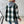 Back view of the green Plaid Hooded Y2K Jacket, grey jersey hood down and longer curved hem