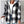 Black, white and grey plaid flannel jacket with a grey hood, front view worn open with jeans
