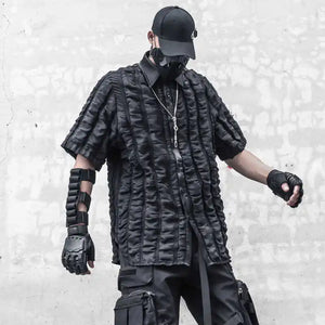 Black short sleeve summer shirt with three dimensional plaid texture