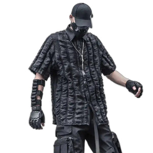 Black short sleeve summer shirt with three dimensional plaid texture