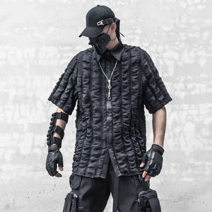 Black short sleeve summer shirt with three dimensional plaid texture
