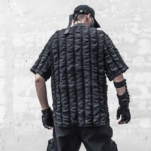Black short sleeve summer shirt with three dimensional plaid texture