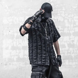 Black short sleeve summer shirt with three dimensional plaid texture