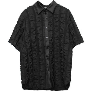 Black short sleeve summer shirt with three dimensional plaid texture