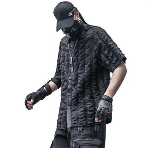 Black short sleeve summer shirt with three dimensional plaid texture