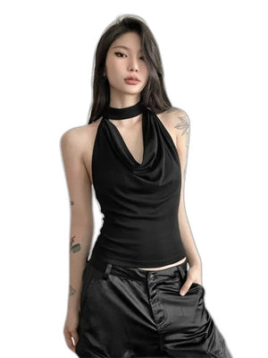 Plain Black Sleeveless Crop Top - product view on white background