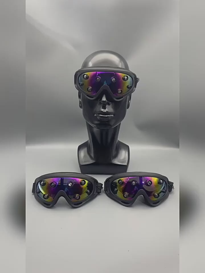 Goggle Half Face Cyberpunk Mask, short video showing lit goggles on a mannequin and two more pairs