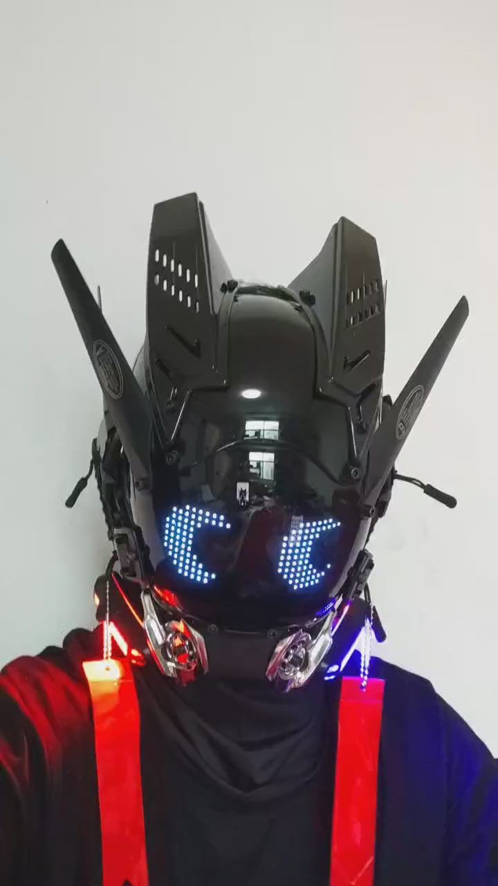 Colour Screen Cyberpunk Helmet, short video showing blue pixel eyes animating while worn