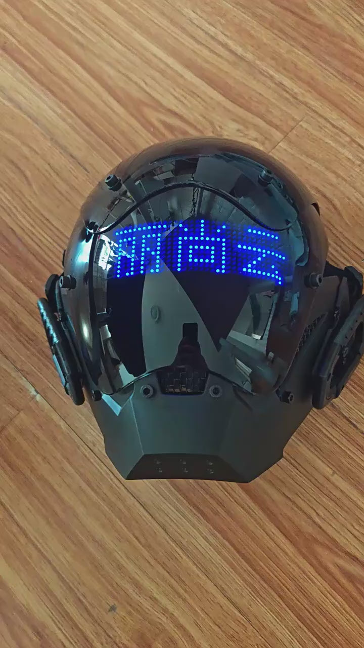 Animated Text Cyberpunk Helmet, short video showing blue characters scrolling on the LED band
