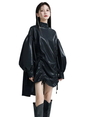 Pu Leather Drawstring T-shirt for Women