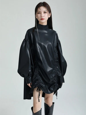 Pu Leather Drawstring T-shirt for Women