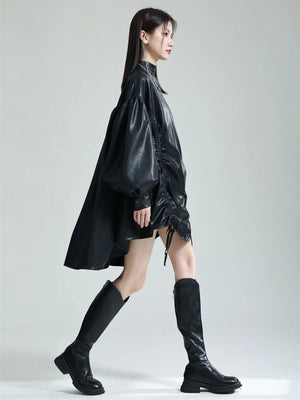 Pu Leather Drawstring T-shirt for Women