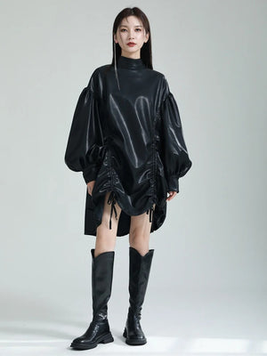 Pu Leather Drawstring T-shirt for Women