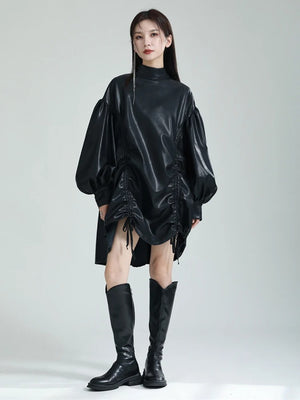 Pu Leather Drawstring T-shirt for Women