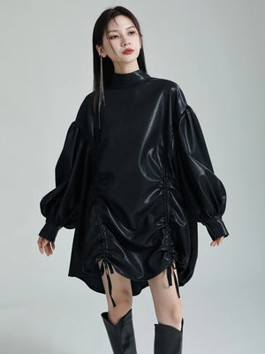 Pu Leather Drawstring T-shirt for Women