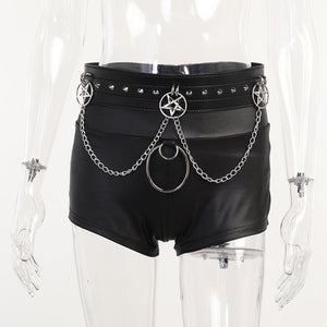 PU Leather Goth Shorts on a clear mannequin, front view of the short tight cut and the chain belt