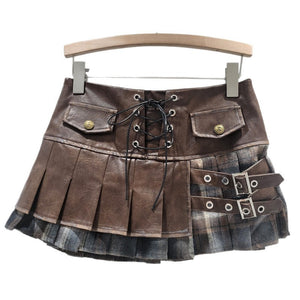 PU Leather Patchwork Short Skirt Y2K
