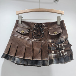PU Leather Patchwork Short Skirt Y2K
