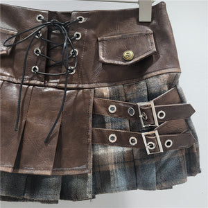 PU Leather Patchwork Short Skirt Y2K