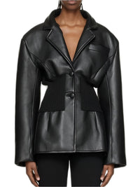 PU Patchwork Knitted Jacket Women Spring - product view on white background