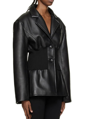 PU Patchwork Knitted Jacket Women Spring