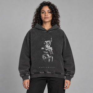 Puzzle Face Graphic Y2K Hoodie – worn by a woman