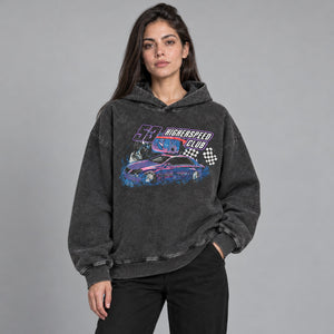 Racing Car Graphic Y2K Hoodie – worn by a woman