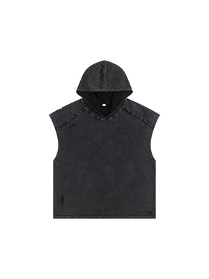 Front of the plain colourway laid flat, hood raised, wide armholes cut straight down the sides