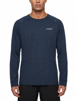 Navy Blue raglan long sleeve gym shirt on a man, front view with tonal side panels and CYBER chest print