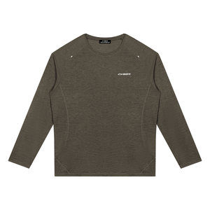 Brown raglan long sleeve gym shirt laid flat, front view with crew neck and white CYBER chest logo