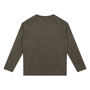 Back of the Brown long sleeve gym shirt laid flat, showing the raglan seams and tonal side panels