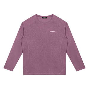 Purple raglan long sleeve shirt laid flat, front view with curved tonal panels and a small CYBER print