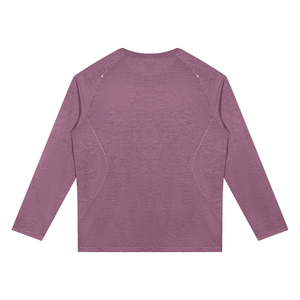 Back of the Purple long sleeve gym shirt laid flat, raglan seams running from the collar to the arms
