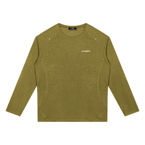Olive Green raglan long sleeve shirt laid flat, front view with heathered knit and curved side panels