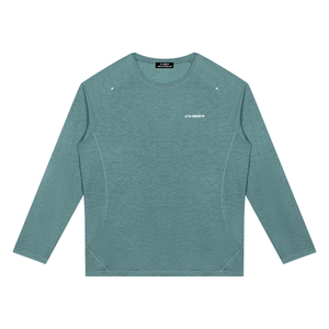 Teal Green raglan long sleeve gym shirt laid flat, front view with crew neck and white CYBER print