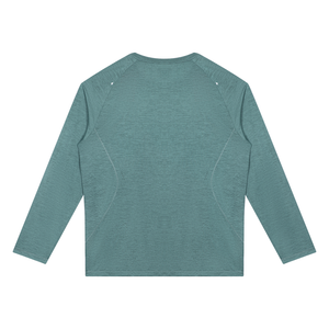 Back view of the Teal Green long sleeve shirt laid flat, showing the curved tonal panels on the sides