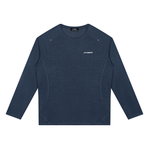 Navy Blue raglan long sleeve shirt laid flat, front view with heathered fabric and small chest print