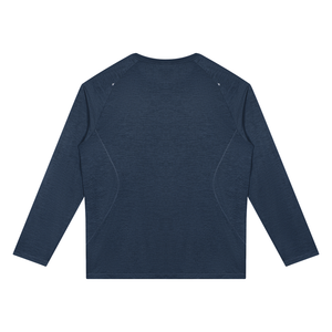 Navy Blue long sleeve gym shirt laid flat from the back, raglan sleeves and curved panel seams