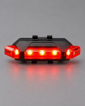 Red Cyberpunk Helmet Lamp, the lamp alone, lit, front view