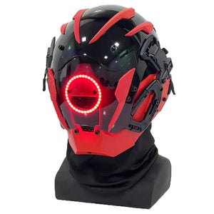 Red and black cyberpunk mask with a single glowing ring eye