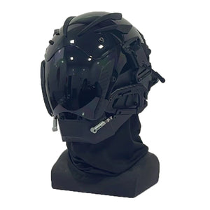Red and black cyberpunk mask with a single glowing ring eye