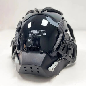 Red and black cyberpunk mask with a single glowing ring eye