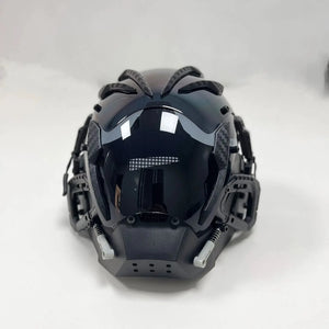 Red and black cyberpunk mask with a single glowing ring eye