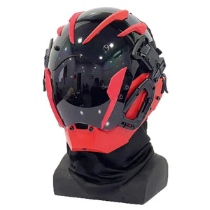 Red and black cyberpunk mask with a single glowing ring eye