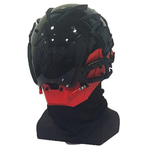 Red and black cyberpunk mask with a single glowing ring eye