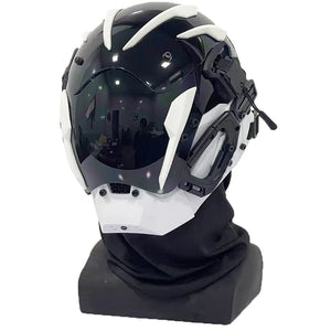 Red and black cyberpunk mask with a single glowing ring eye