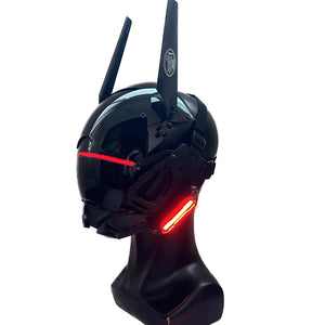 Matte black cyberpunk helmet with antenna blades and red light strips