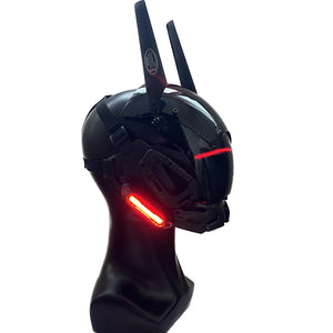 Matte black cyberpunk helmet with antenna blades and red light strips